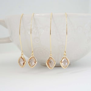 Long Hook Champagne Diamond Gem Earrings | Bridesmaid Earrings | Wedding Jewelry | ECHPG14, ECHPS14