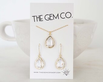 Crystal Teardrop Gem Earring and Necklace Set | Bridesmaid Jewelry | Wedding Jewelry | ENCG1, ENCS1, ENCRG1