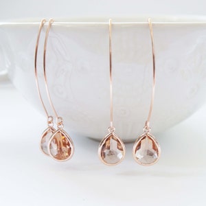 Rose Gold and Champagne Long Hook Earrings | Bridesmaid Earrings | Wedding Jewelry | ELHCHPRG1