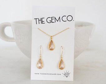 Dainty Champagne Teardrop Gem Earring and Necklace Set | Bridesmaid Jewelry | Wedding Jewelry | ENCHPG7, ENCHPS7