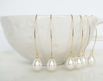 Long Hook Pearl Gem Earrings | Bridesmaid Earrings | Wedding Jewelry | ELHPG, ELHPS, ELHPRG