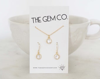 Dainty Mini Crystal Gem Earring and Necklace Set| Bridesmaid Jewelry | Wedding Jewelry | ENCG4, ENCS4