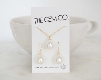 Pearl Teardrop Earring and Necklace Set | Bridesmaid Earrings | Wedding Jewelry