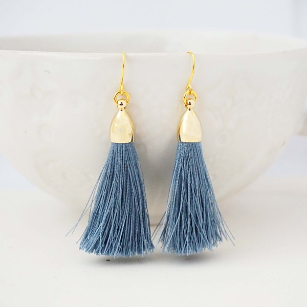Dusty Blue Grey and Gold Cap Tassel Earrings