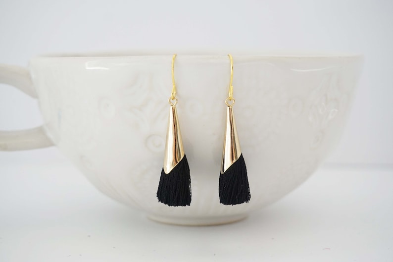 Black Tassel and Gold Cone Earrings