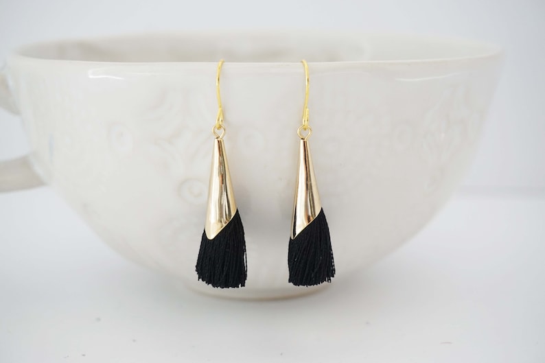 Black Tassel and Gold Cone Earrings