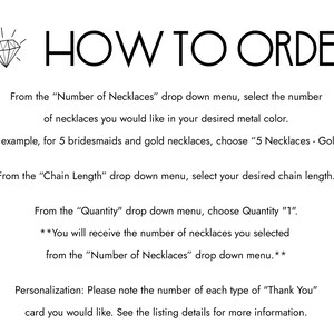 May include: White card with black text that reads "HOW TO ORDER." Instructions are provided for selecting necklace quantity, chain length, and quantity. A diamond graphic is in the upper left corner. The card provides details for ordering necklaces.