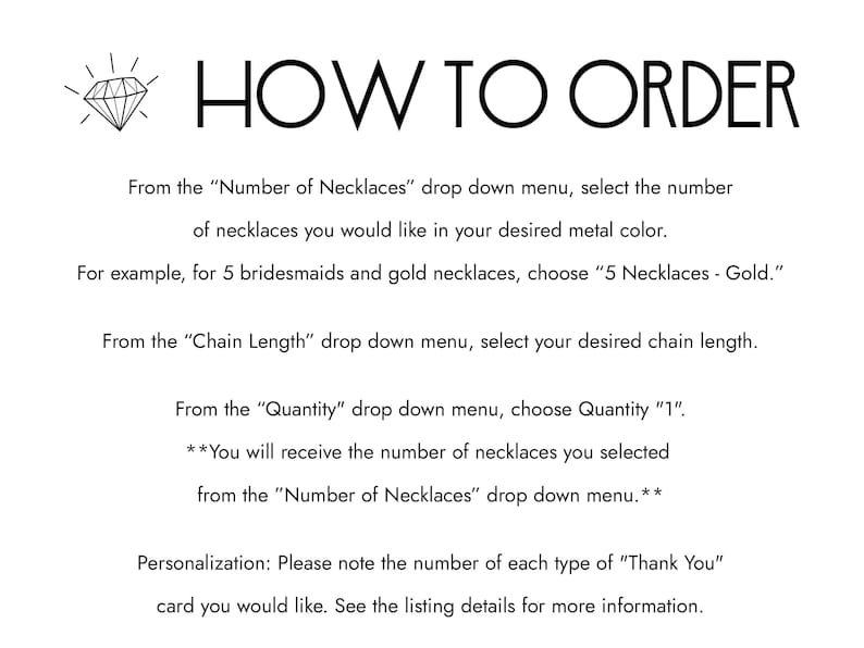 May include: White card with black text that reads "HOW TO ORDER." Instructions are provided for selecting necklace quantity, chain length, and quantity. A diamond graphic is in the upper left corner. The card provides details for ordering necklaces.