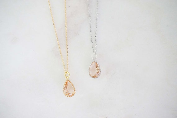 Dainty Champagne Teardrop Gem Necklace | Bridesmaid Necklaces | Wedding Jewelry | NCHPG2, NCHPS2