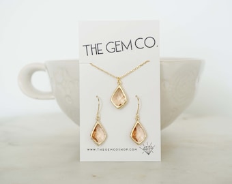 Champagne Gem Earrings and Necklace Set | Bridesmaid Jewelry | Wedding Jewelry | ENCHPG8, ENCHPS8
