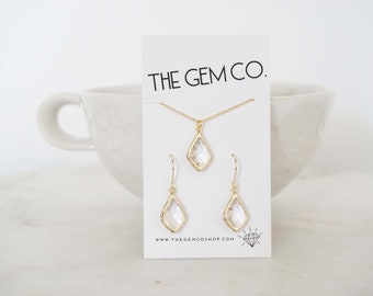 Crystal and Gold Gem Earrings and Necklace Set | Bridesmaid Jewelry | Wedding Earrings | ENCG8, ENCS8