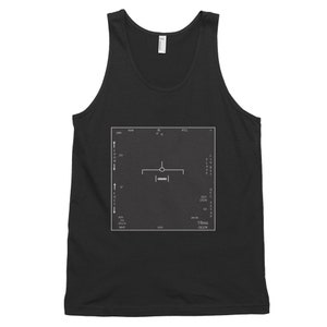 Op de afbeelding: Zwart tanktop met een witte afbeelding van een cockpitdisplay met de tekst "1990 OCLR" in de rechterbenedenhoek.