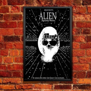 May include: A black and white movie poster for the film "Alien" directed by Ridley Scott. The poster features a skull-like image of an alien egg against a black background with white stars and grid lines. The text "Alien" is in large white letters at the top of the poster, with the tagline "In space, no one can hear you scream." below the image.