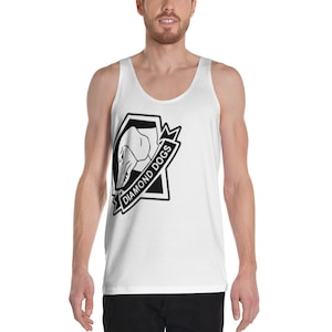 May include: White tank top with a black and white logo of a dog's head with the text "DIAMOND DOGS" on a black ribbon.