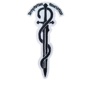 May include: Black embroidered patch with a sword and snake design. The text "Temptation Revelation" is above the sword.