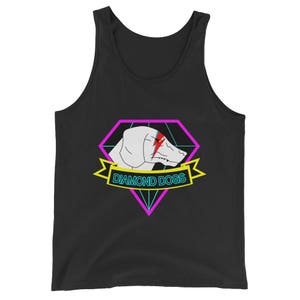 May include: Black tank top with a pink, blue, and yellow diamond graphic featuring a white dog with a lightning bolt design and the text "DIAMOND DOGS".