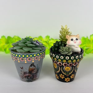 May include: Two small, hand-painted flower pots. One is gray with a butterfly design and the other is black with a hamster figurine. Both pots contain small succulents. The pots have colorful dot patterns around the rims.