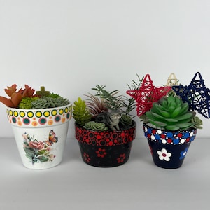 May include: Three decorative flower pots with succulents. The first pot is white with a floral and butterfly design, and a yellow and gold border. The second pot is black with red circles and a small cat figurine. The third pot is navy blue with white and red dots and a white flower.