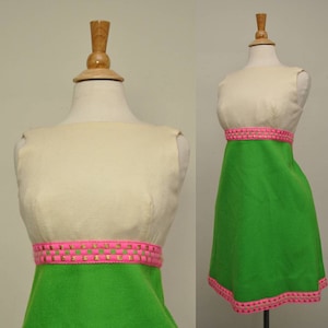 60s Wool Mini Dress Lime Green Metallic Trim S