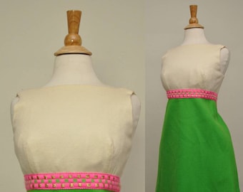 60s Wool Mini Dress Lime Green Metallic Trim S