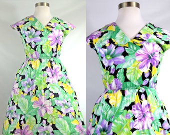 Vintage Garden Party Tropical Print Dress with Super Cute Collar and Capped Sleeves M-L