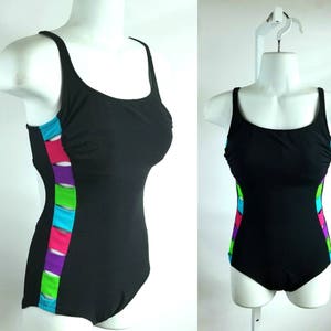 80s Onepiece Swimsuit Black with Neon Side Cut-Outs Vintage Sirena Brand Sz S