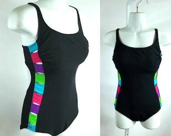 80er Jahre Onepiece Badeanzug schwarz mit Neon Seite Ausschnitte Jahrgang Sirena Marke Sz S