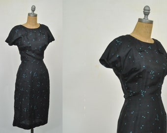 1950er Jahre Rohseide schwarz und blau geometrische Bleistift Rock Wiggle Kleid Größe klein