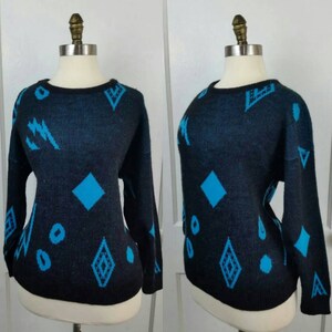 80s Black Sweater with Turquoise Abstract Pattern M/L