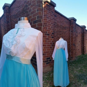 60s Maxi Dress White and Turquoise Blue S/M