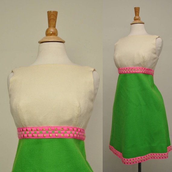 60s Wool Mini Dress Lime Green Metallic Trim S - image 1