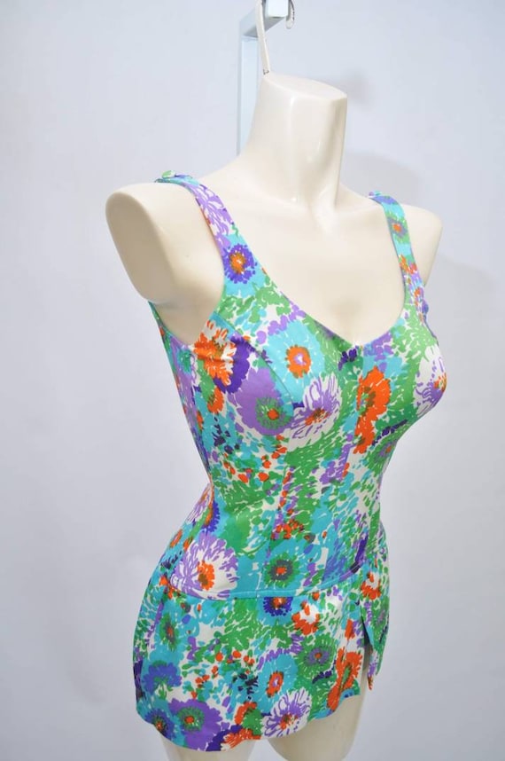 60s Painterly Floral Skirted Modest One-piece Bat… - image 2