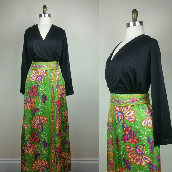60s Maxi Dress Psychedelic Hippie Print L