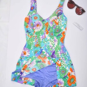 60s Painterly Floral Skirted Modest One-piece Bathing Suit 34C image 3
