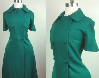 40s Day Dress Green Knit with Buttons M
