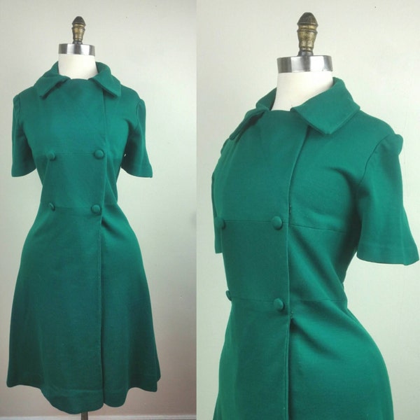 40s Day Dress Green Knit with Buttons M