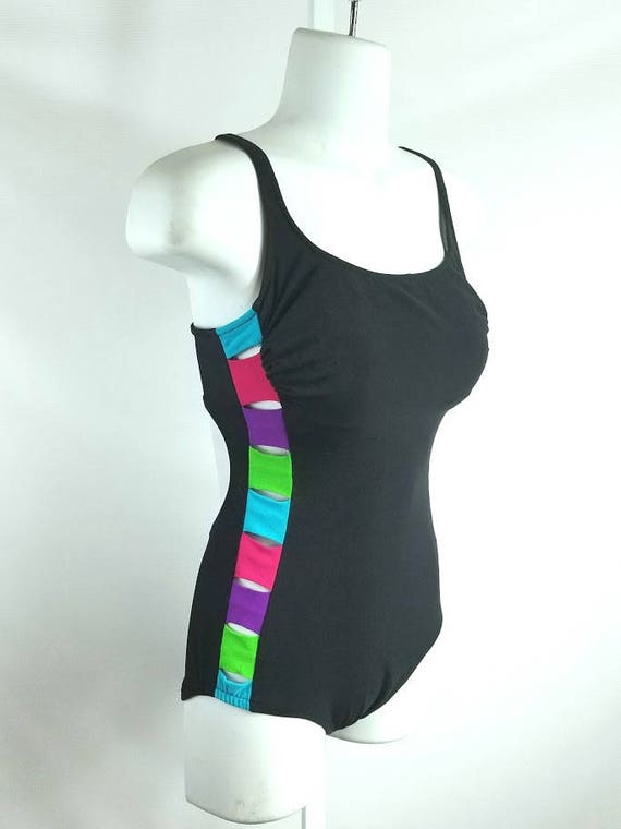 80s Onepiece Swimsuit Black with Neon Side Cut-Ou… - image 2