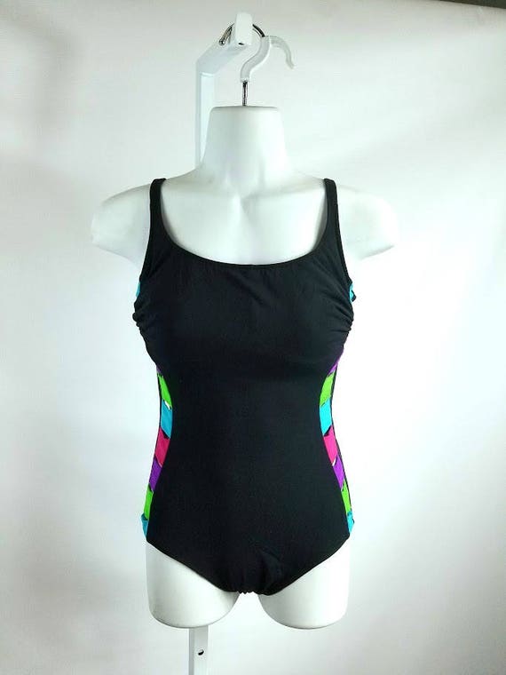 80s Onepiece Swimsuit Black with Neon Side Cut-Ou… - image 3