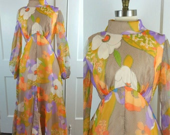 60s Maxi Dress Floral Long Sleeve Flower Power High Slit S/M