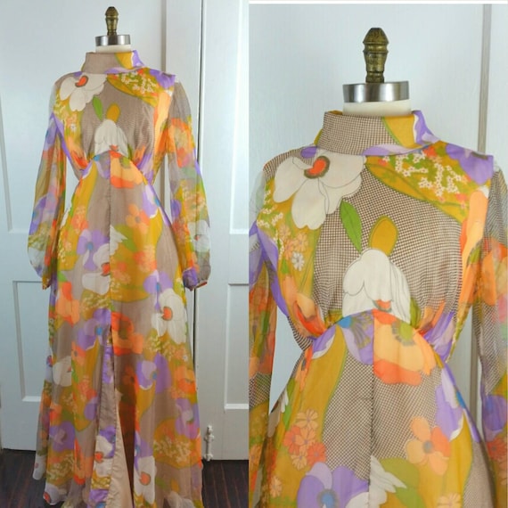 60s Maxi Dress Floral Long Sleeve Flower Power Hig