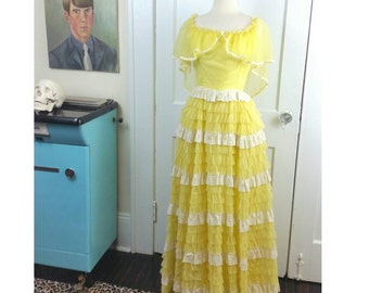 50s Cupcake Dress Yellow Lace Tiered Ruffle XS/S