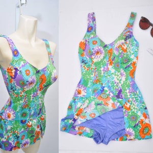 60s Painterly Floral Skirted Modest One-piece Bathing Suit 34C image 1