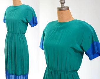 80s Silk Green and Blue Color Block Dress Small/Medium