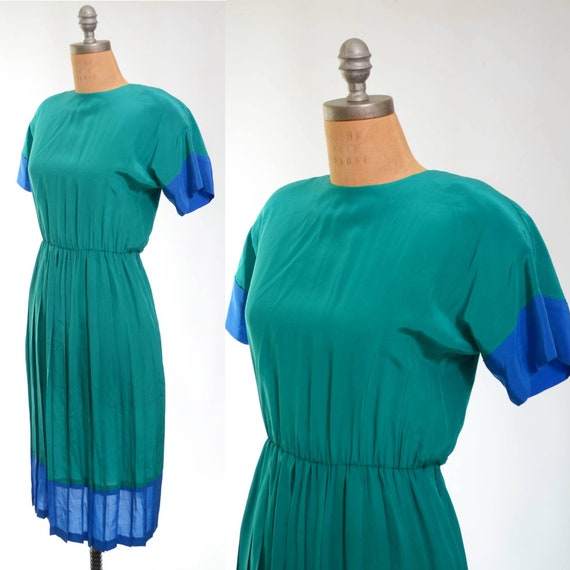 80s Silk Green and Blue Color Block Dress Small/M… - image 1