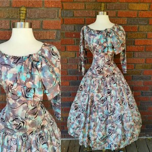 50s Floral Dress Circle Skirt with Detachable Bow S