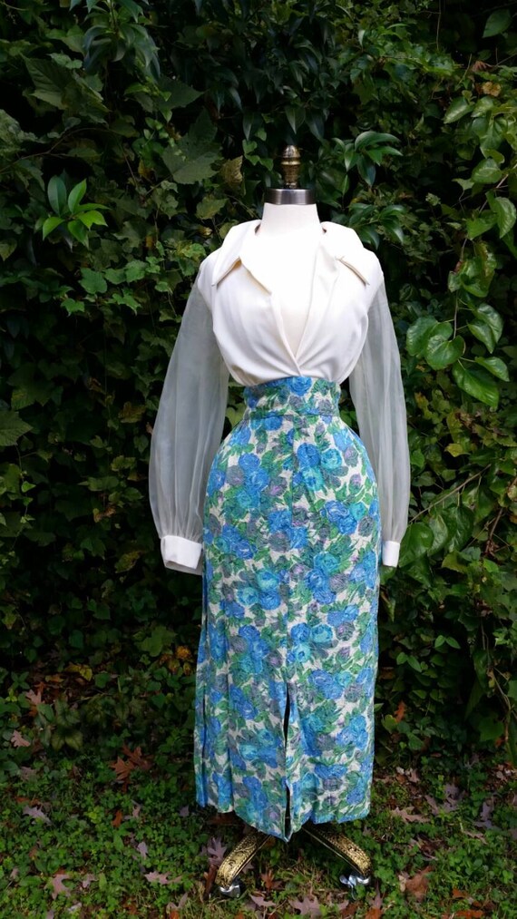 60s Plus Size Dress Floral Long Sheer Sleeve Deep