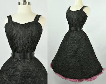 50s Cocktail Dress Black Lace Fit and Flare S/M