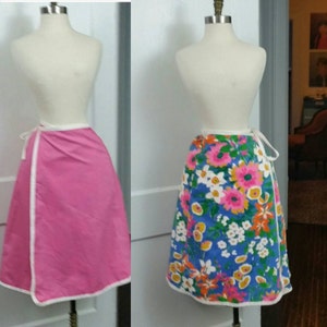 60s Wrap Skirt Blue Floral and Pink Reversible XS/S
