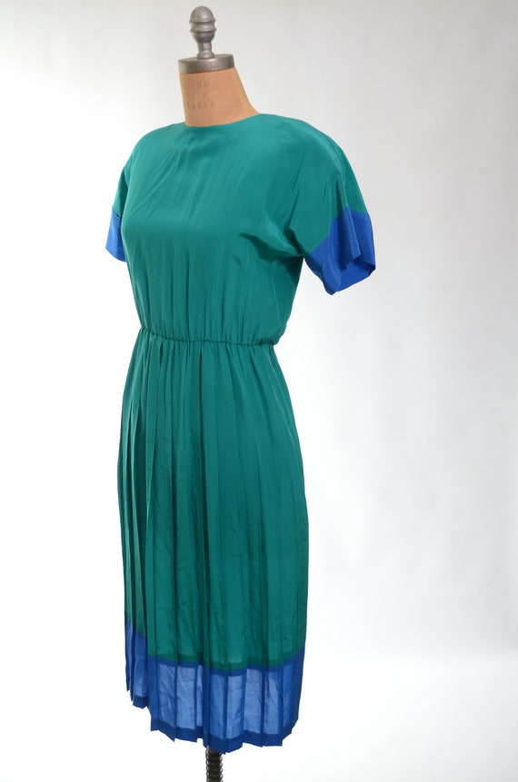 80s Silk Green and Blue Color Block Dress Small/M… - image 2