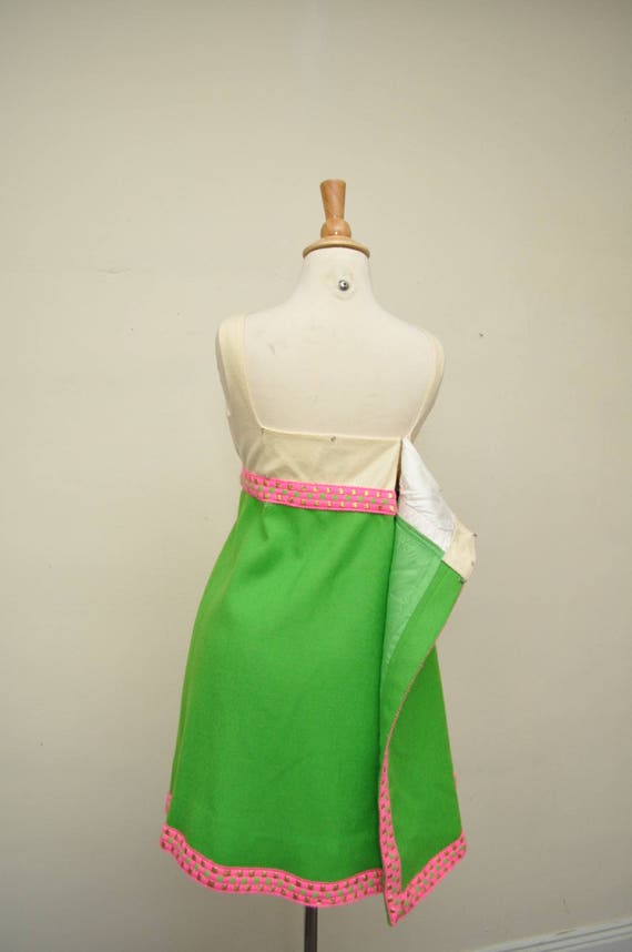 60s Wool Mini Dress Lime Green Metallic Trim S - image 6